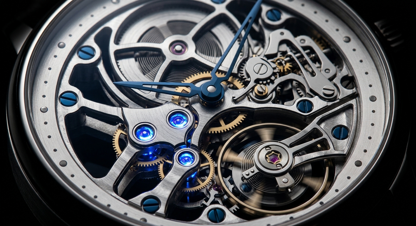 Extreme macro of an openworked mechanical movement with blue jewel bearings and polished steel bridges on black