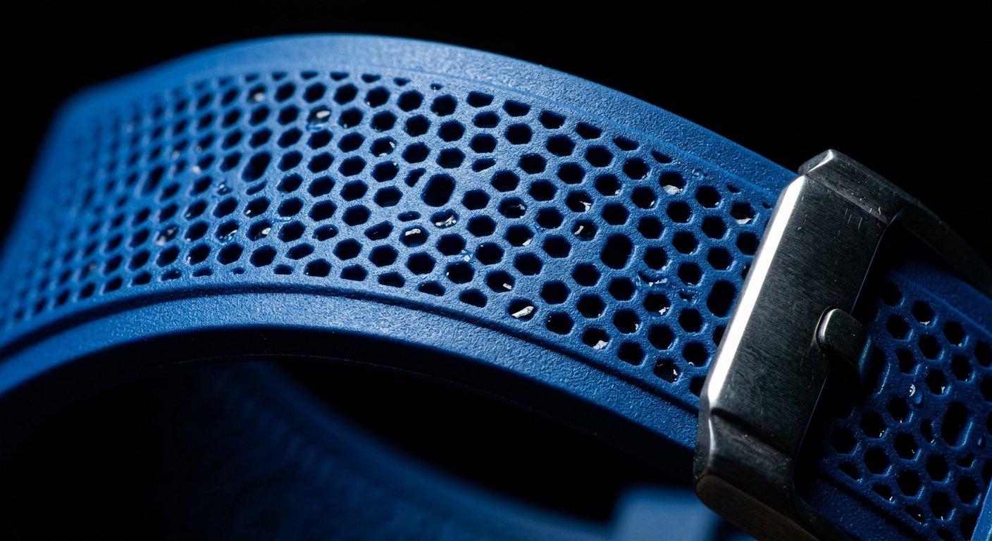 Macro of an electric-blue micro-perforated rubber strap curving across a black background with water droplets