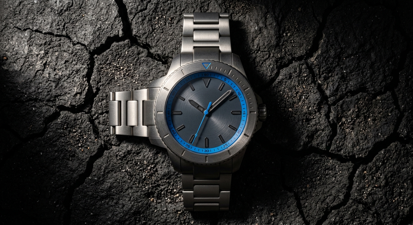 Brushed titanium watch with slate dial laid flat on cracked black lava stone under a single hard spotlight