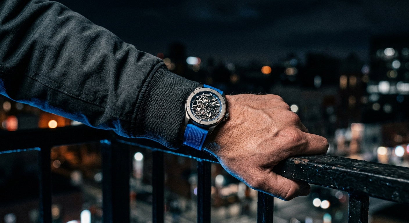Kairos Meridian on a wrist in a dark technical jacket gripping a steel railing at night, no face visible