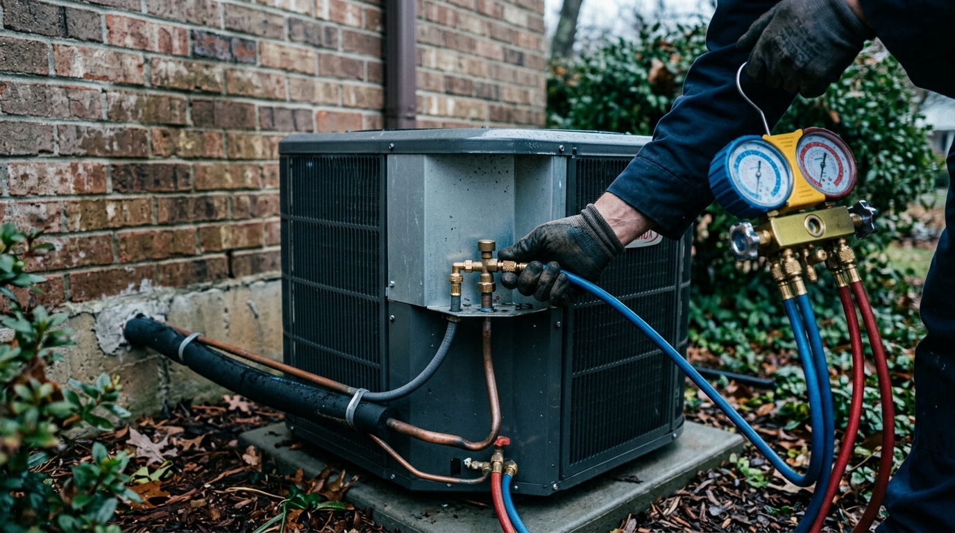 Technician's hands connecting refrigerant gauges to an outdoor condenser unit