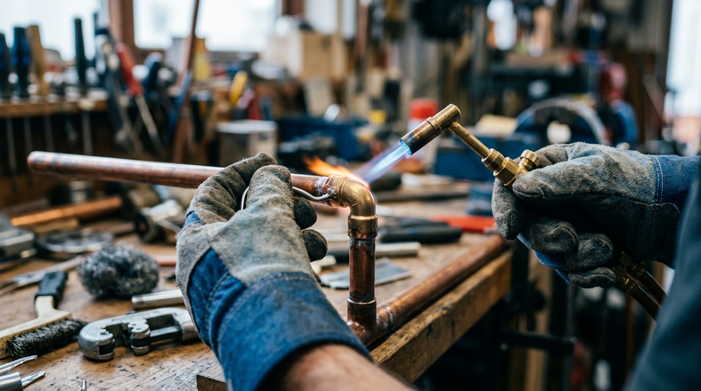 Gloved hands soldering a copper joint, the craft behind the dispatch board