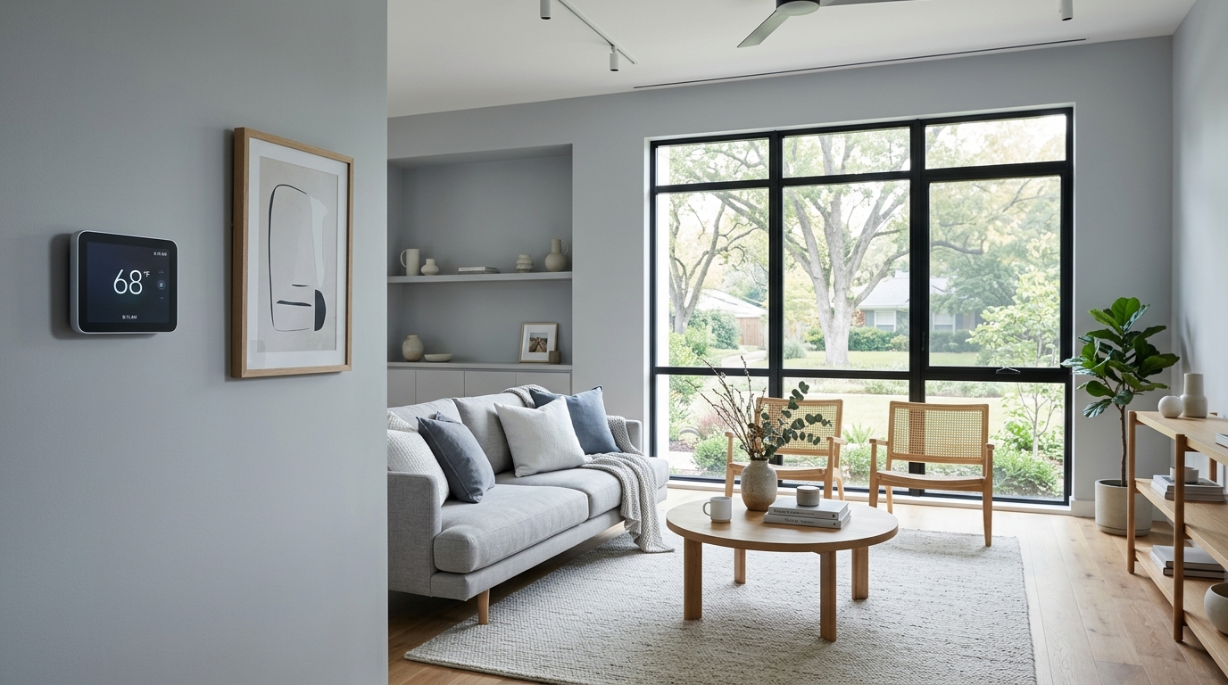 Calm living room with a smart thermostat on the wall in cool morning light