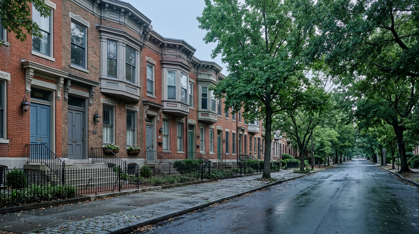 Tree-lined Richmond street of brick homes in early morning light