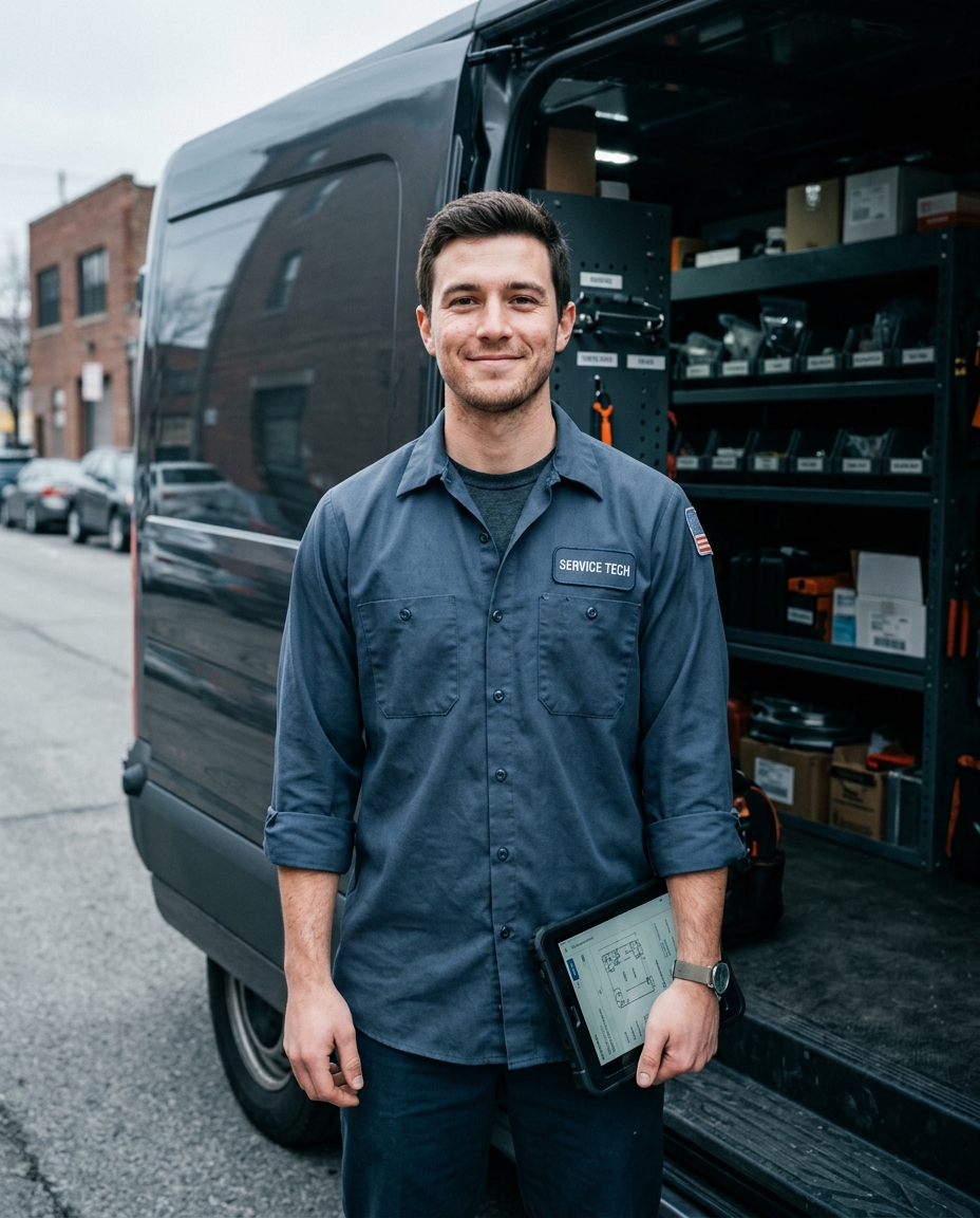 Devon Price, service technician, beside his stocked service van shelving