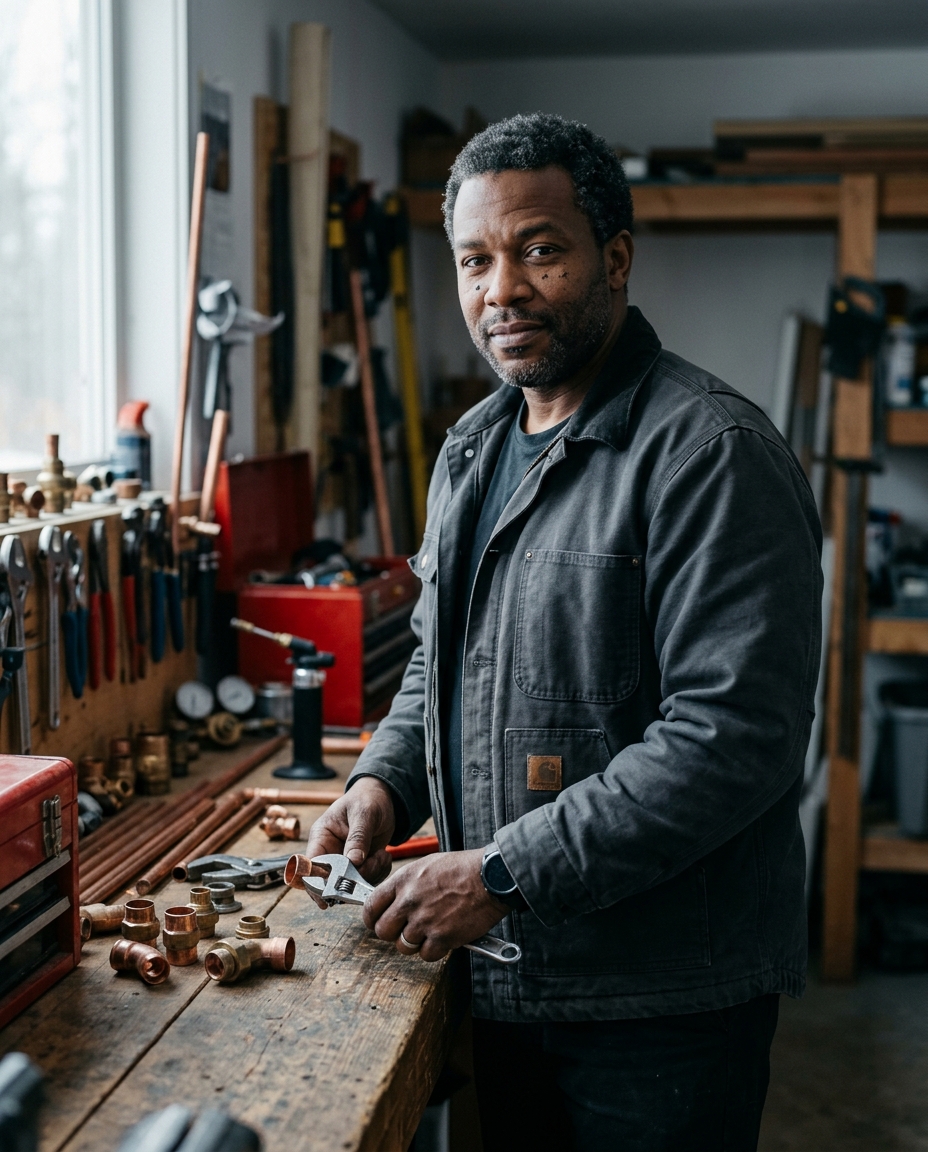 Marcus Bell, master plumber, at his workbench with copper fittings