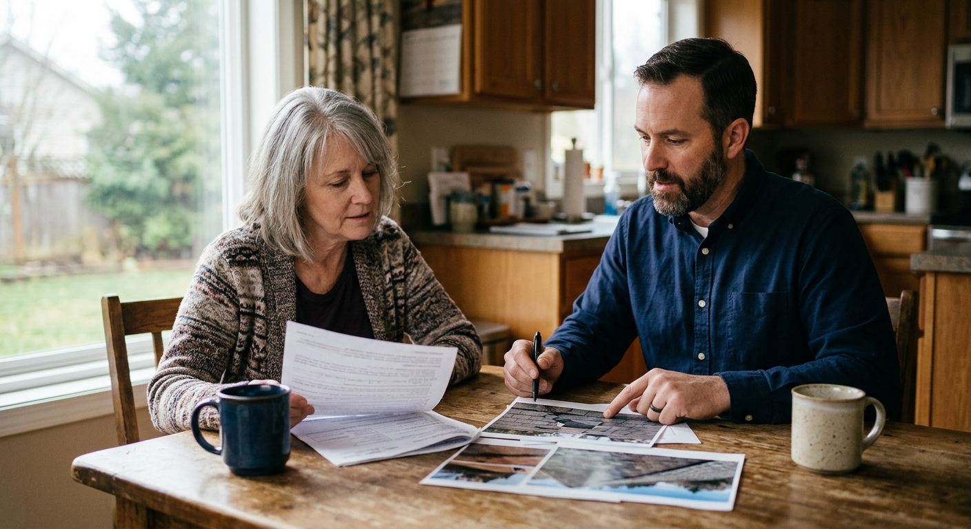 Homeowner and roofing claims coordinator reviewing claim paperwork together at a kitchen table