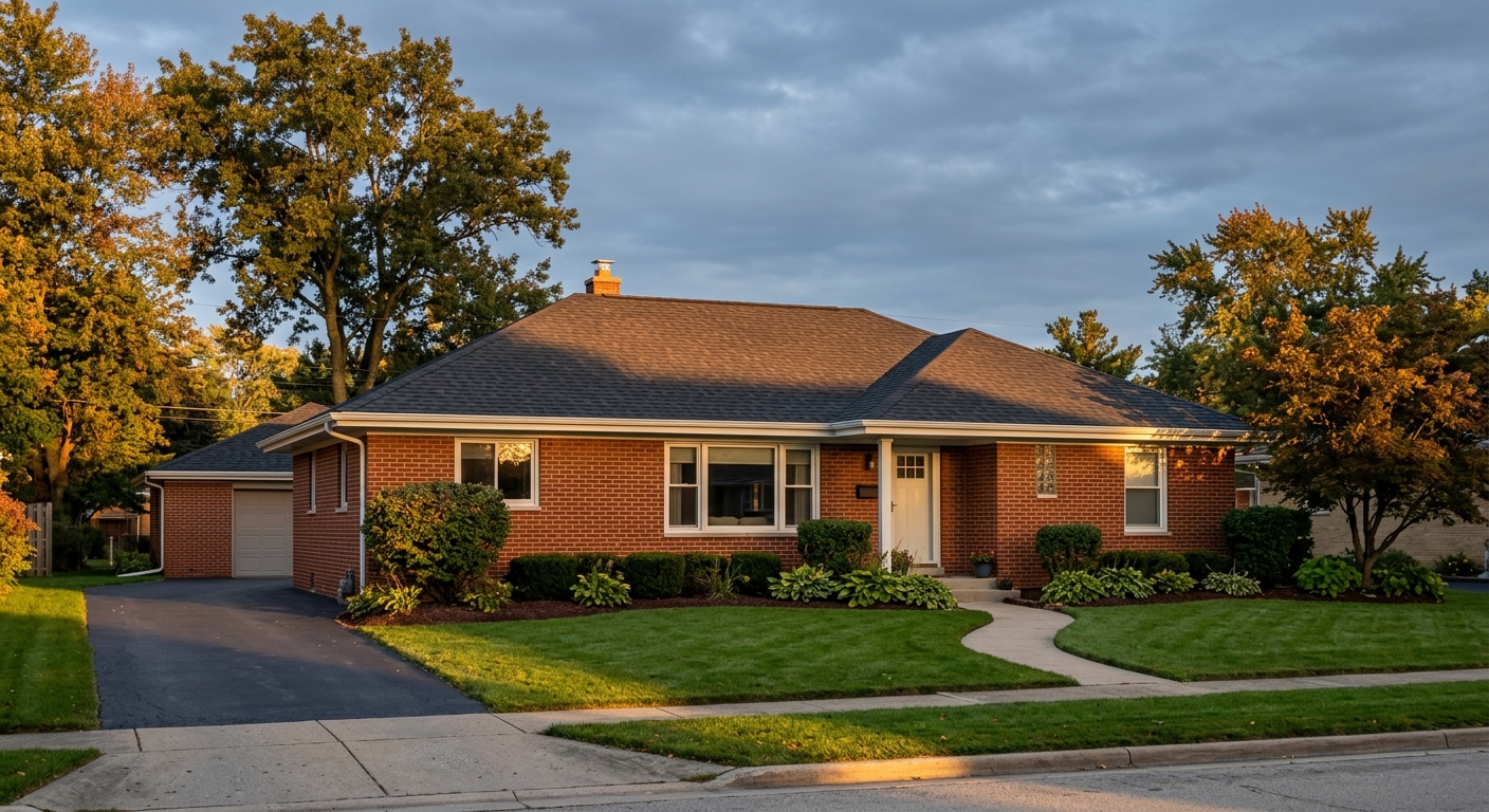 Newly completed asphalt shingle roof on a brick home at golden hour