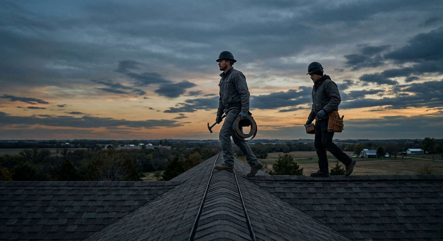 Two roofers walking a ridge line against evening light in Wichita