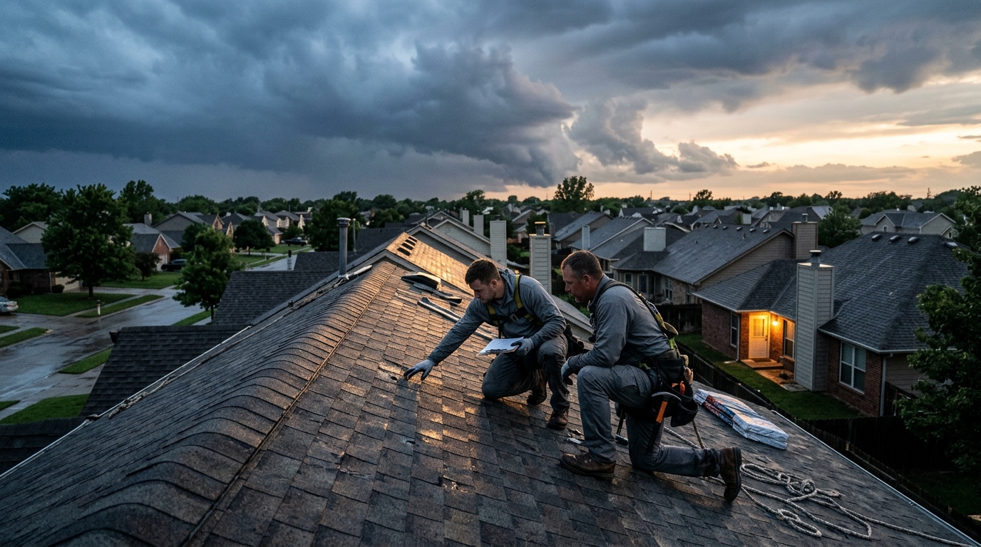 Roofing crew working on a neighborhood roofline under a dramatic Kansas storm sky at dusk