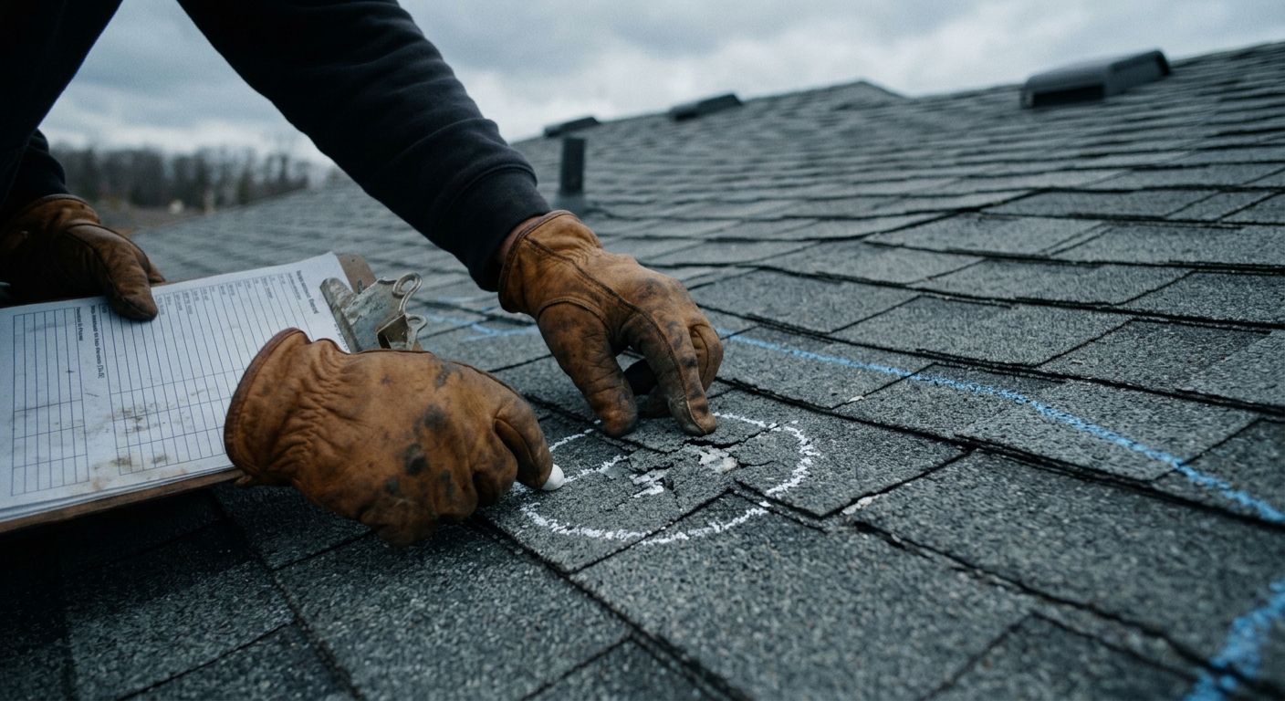 Roof inspector documenting chalk-circled hail impact marks on asphalt shingles