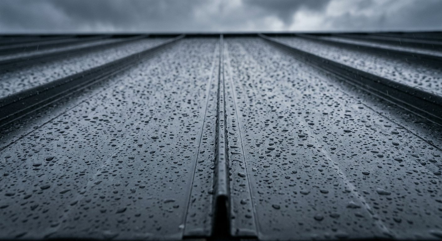 Close detail of charcoal standing seam metal roof panels in storm light