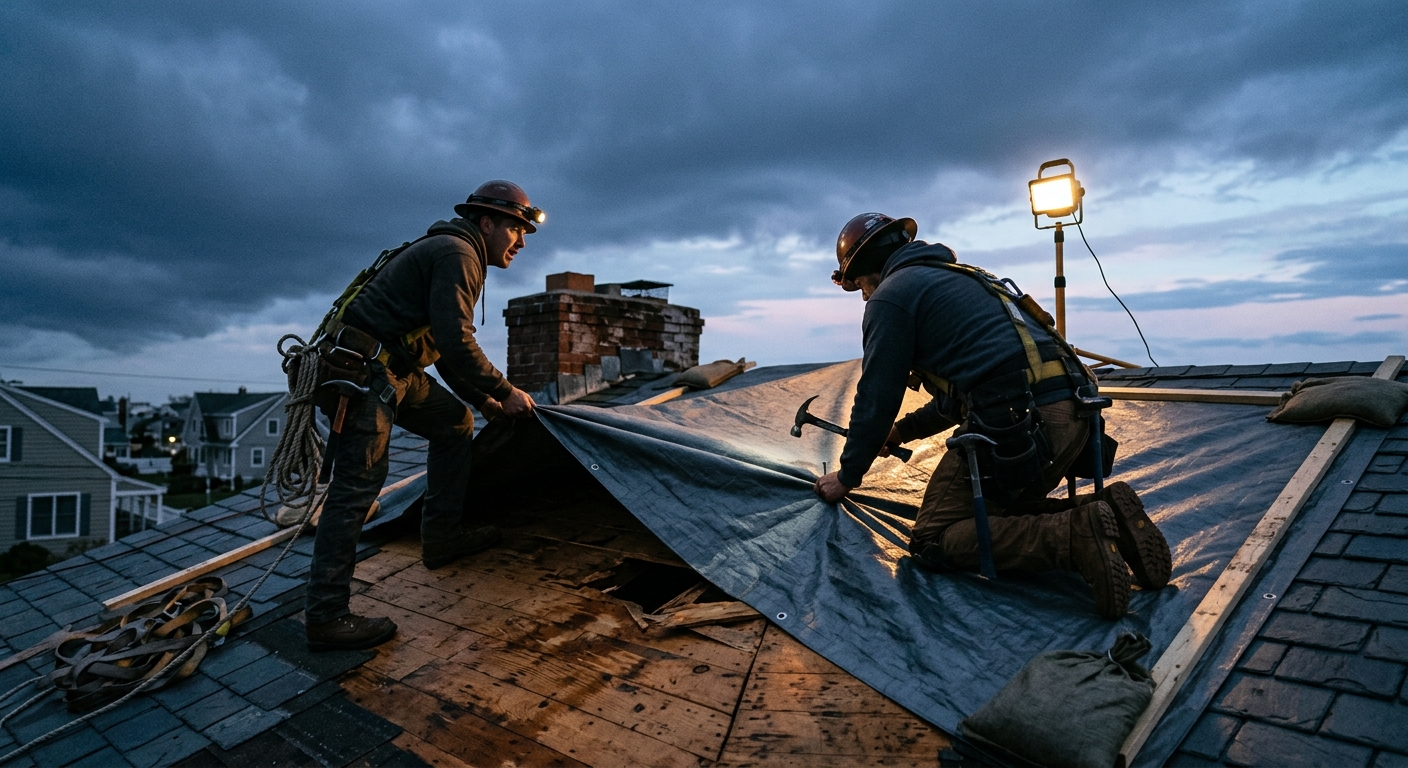 Crew securing an emergency tarp over storm-damaged roof decking at dusk