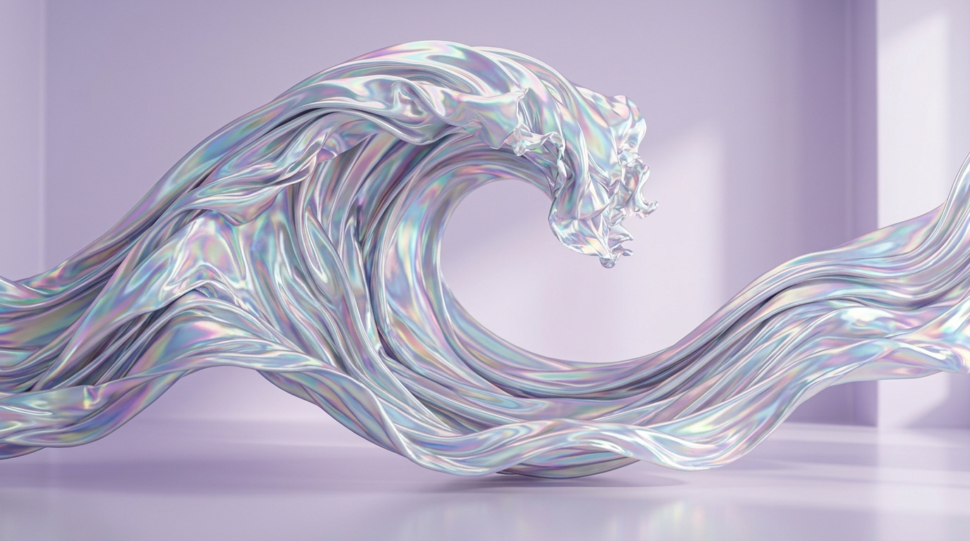 Giant wave of iridescent holographic silk cresting across a pale lilac space