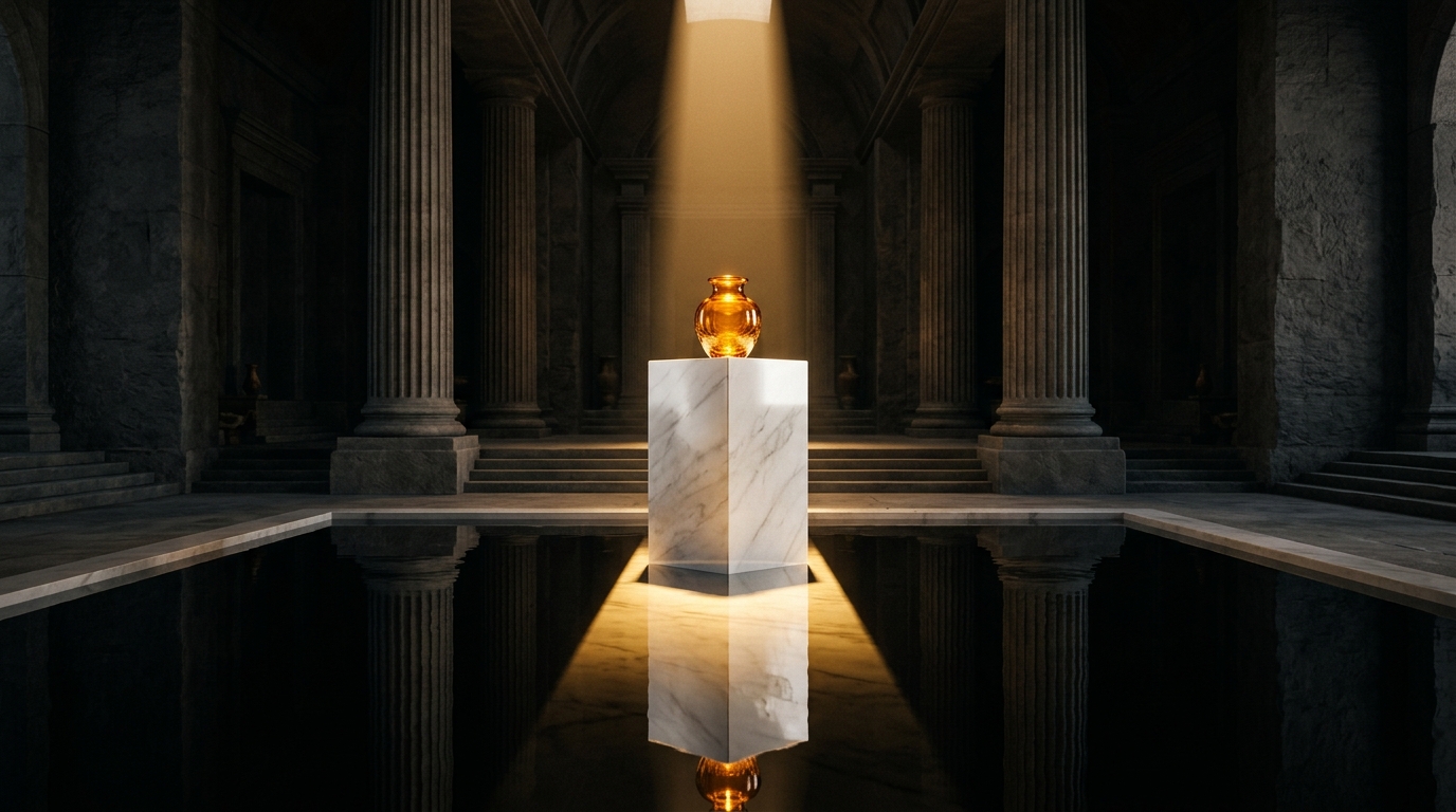 Monolithic white marble plinth in a black reflecting pool under a shaft of light