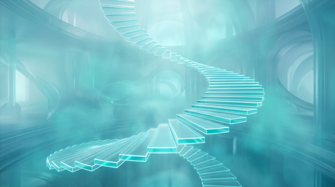Floating spiral staircase of frosted glass steps rising through turquoise mist