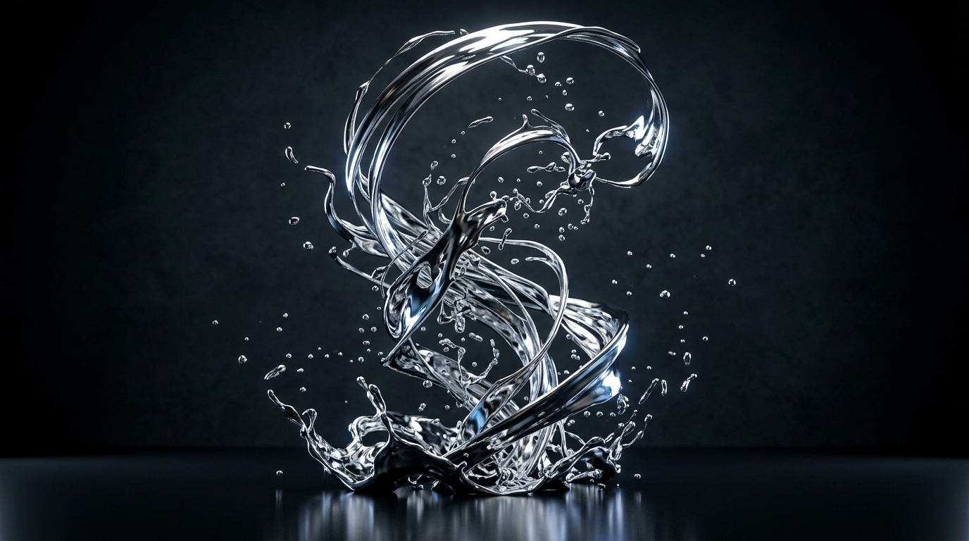 Liquid chrome sculpture frozen mid-splash on a black reflective studio floor