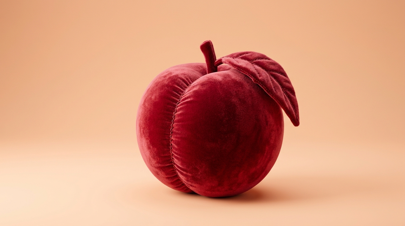 Oversized peach upholstered in crimson velvet on an apricot studio backdrop