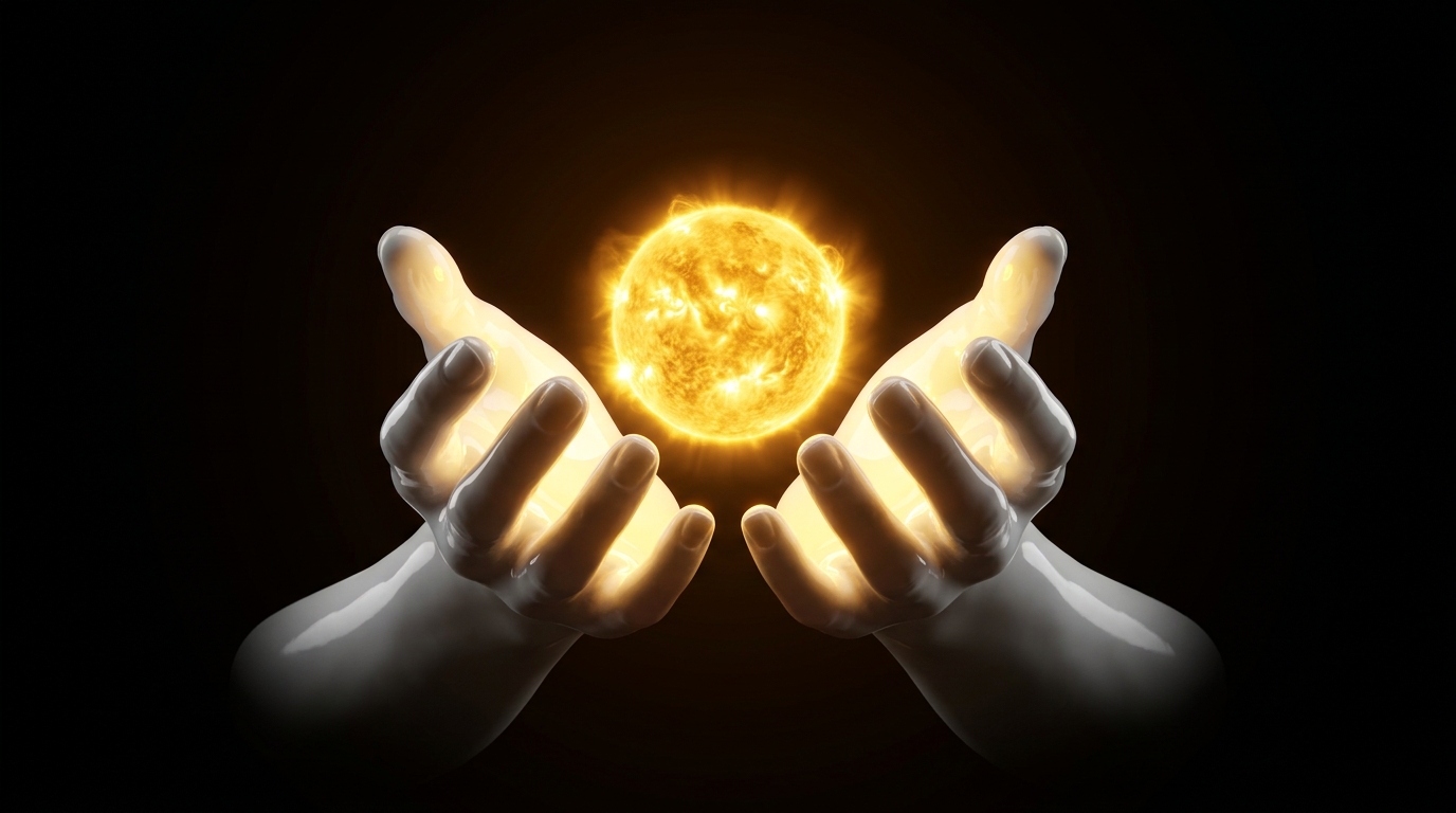 Porcelain sculpture hands cupping a tiny glowing sun against a black void