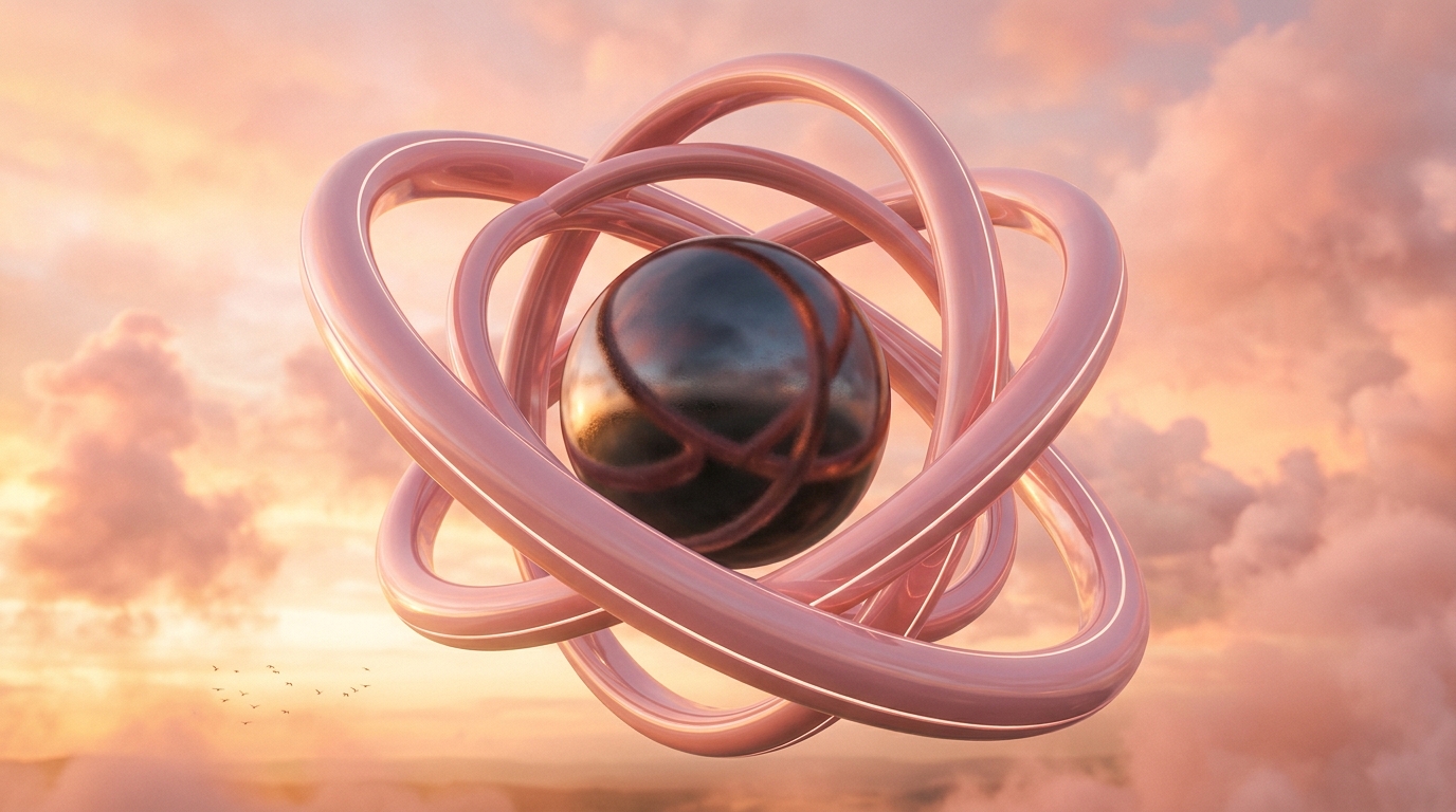 Glossy pink orbital rings interlocking around a chrome sphere in a peach sunset sky