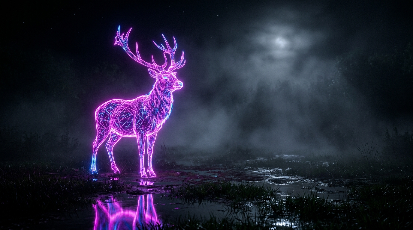 Stag sculpted from glowing neon wireframe lines standing in a dark foggy field