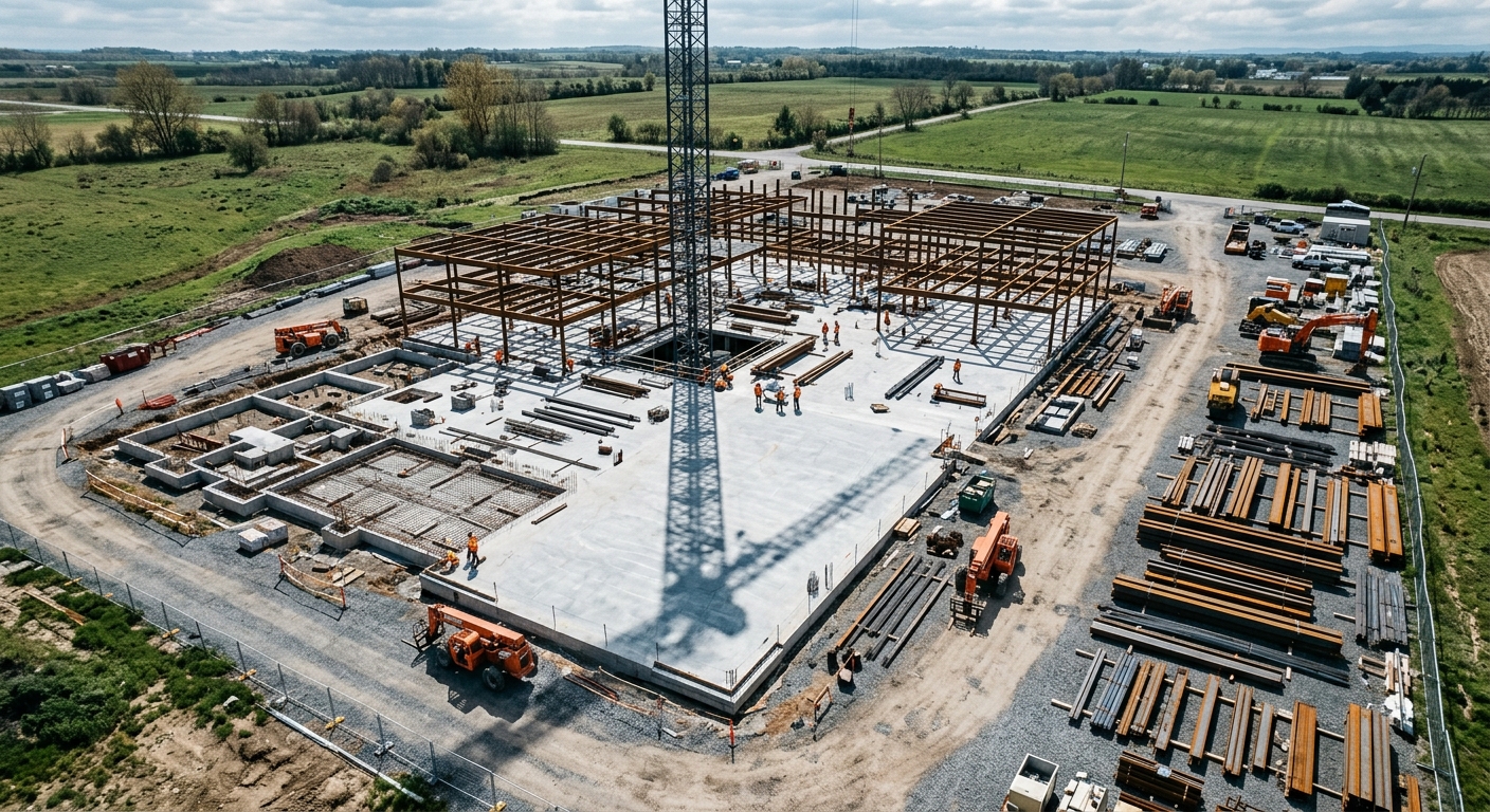 Aerial view of an active construction site with an orderly laydown yard