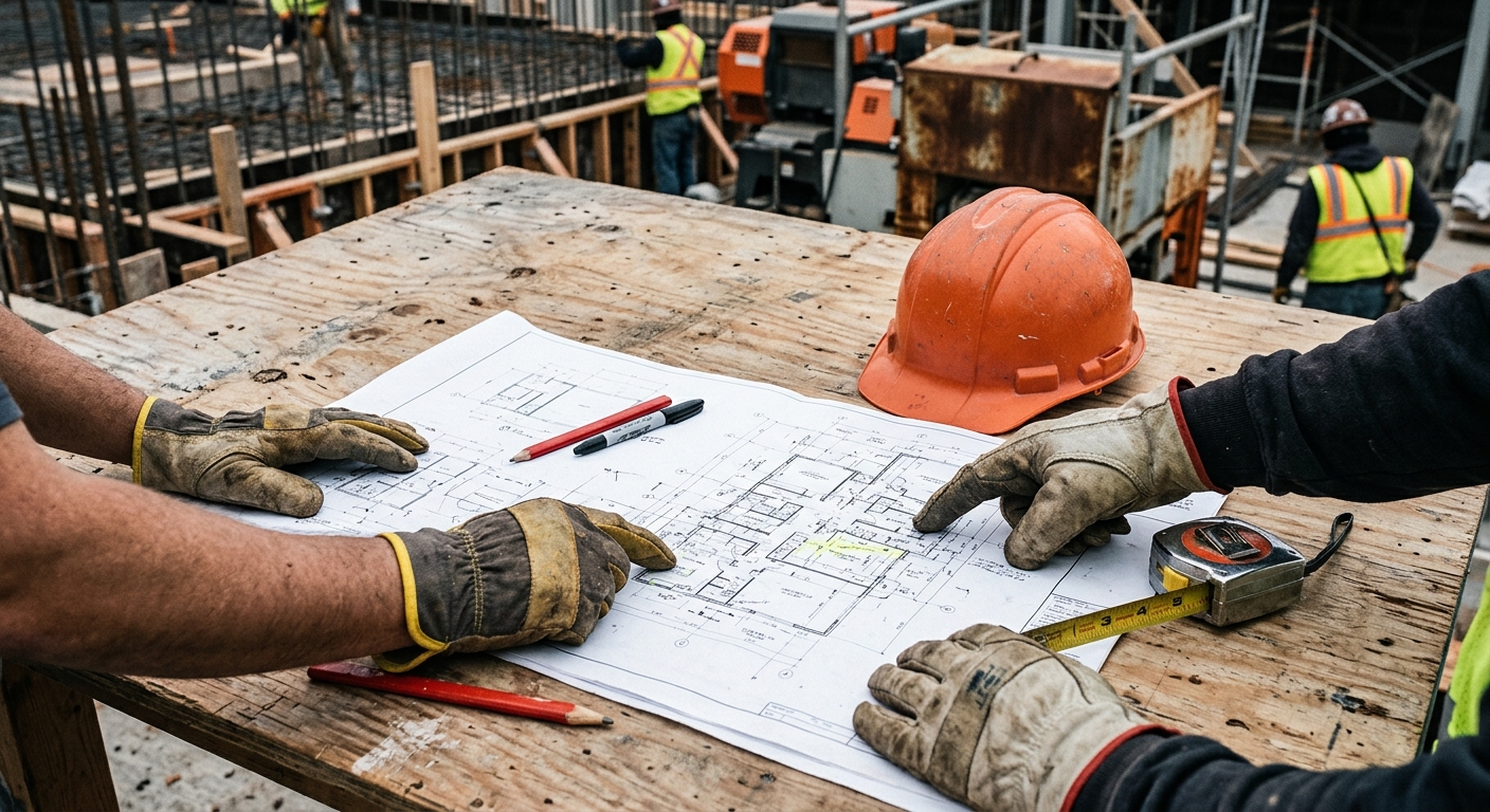 Gloved hands reviewing construction drawings beside an orange hard hat and tape measure