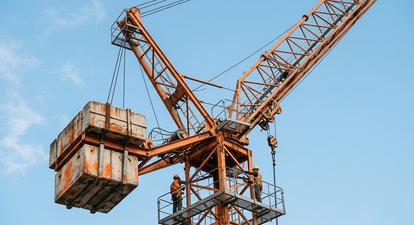 Orange tower crane jib against a clear sky above the terminal site