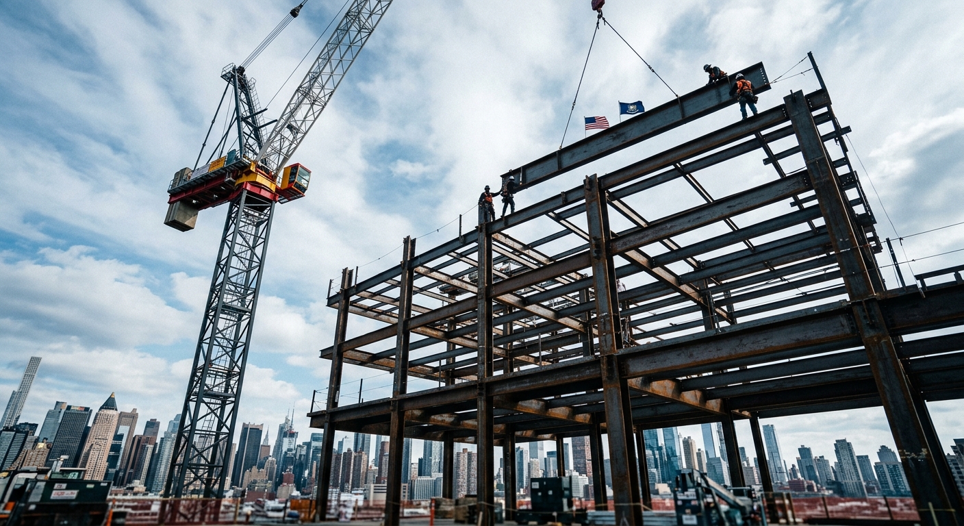 Steel building frame being topped out beside a tower crane against a city skyline
