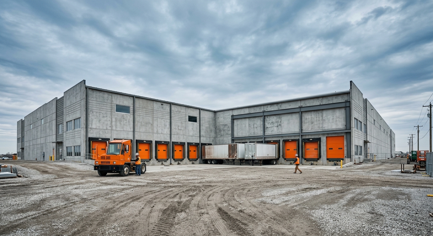 Tilt-up concrete industrial facility with a row of orange dock doors