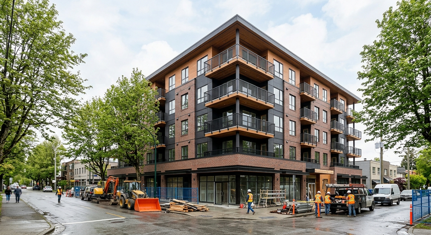 Five-story brick and panel multifamily building on a tree-lined street