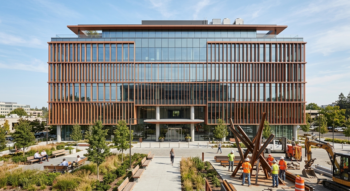 Six-story Class A office building with terracotta fins and a landscaped plaza
