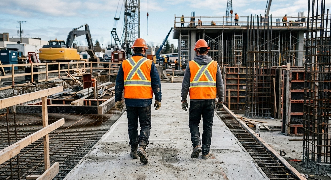 Two workers in orange vests walking a concrete slab during a winter safety walkthrough