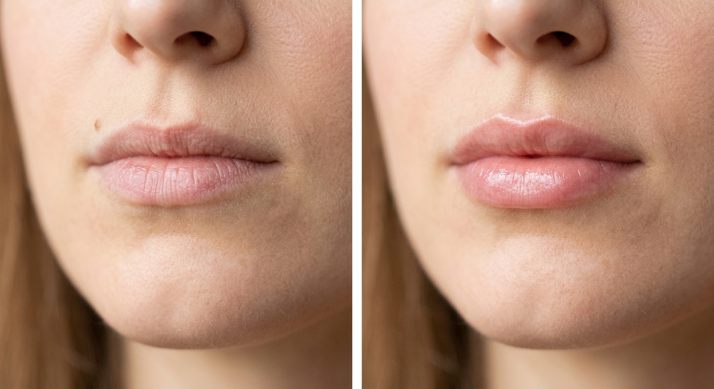 Illustrative AI-generated diptych comparing thinner lips with subtly fuller, defined lips after staged hyaluronic acid filler