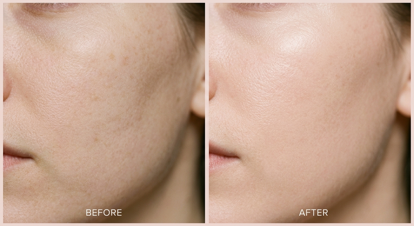 Illustrative AI-generated diptych comparing dull, uneven skin texture with smoother, more luminous skin after a treatment series