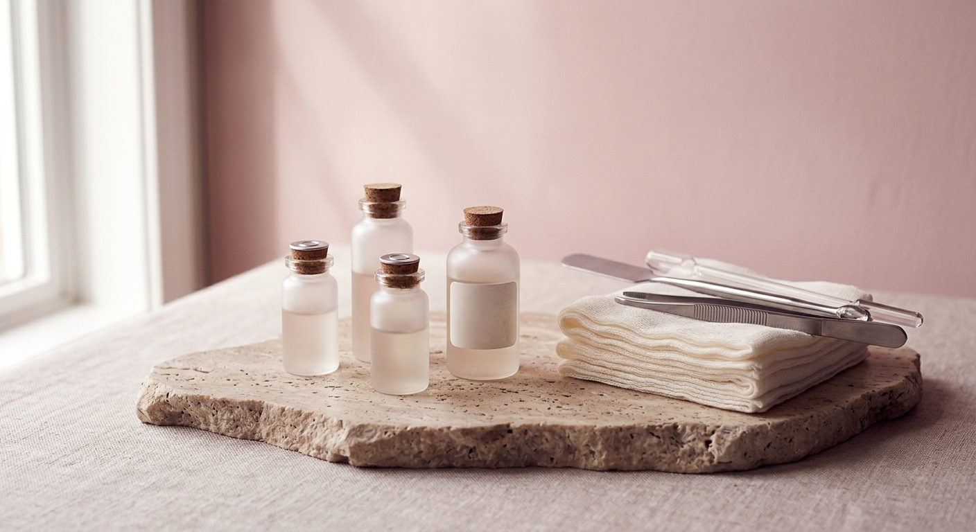 Glass vials and sterile instruments arranged on a travertine tray in soft porcelain light