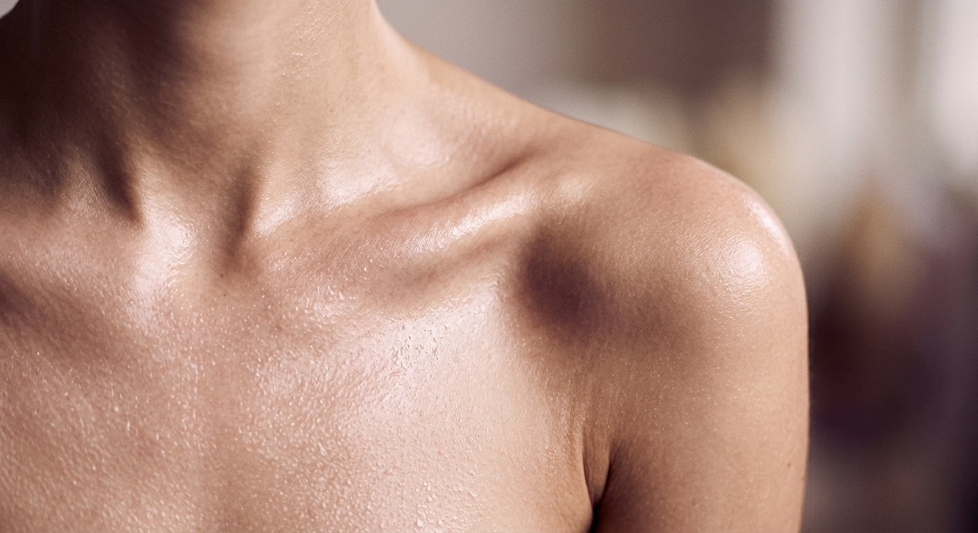 Macro editorial photograph of dewy, luminous skin across a collarbone in soft porcelain-pink light