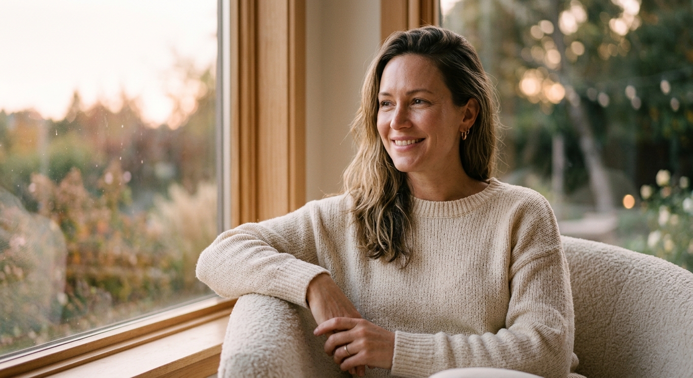Woman with natural, luminous skin and a relaxed genuine smile in soft porcelain window light