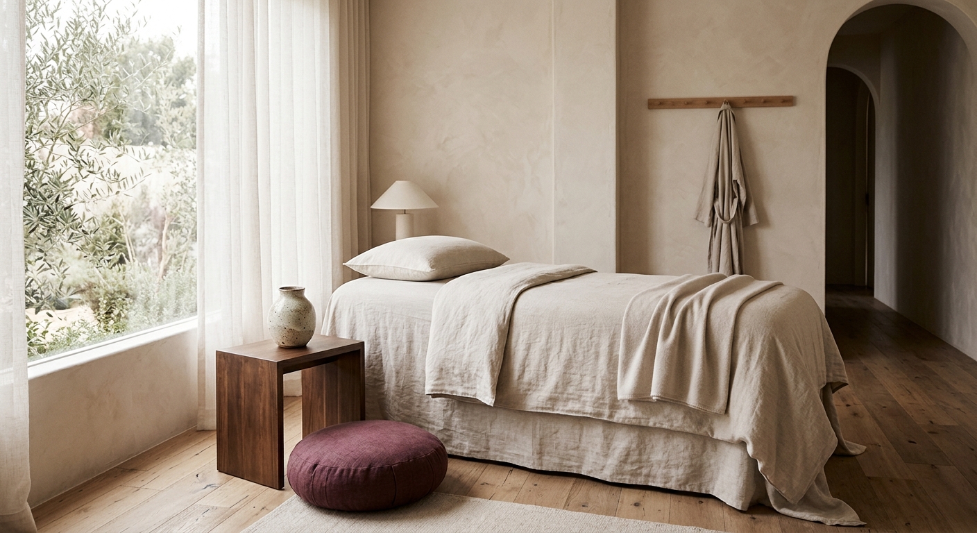 A calm treatment suite with a linen-dressed bed, plaster walls, and soft window light