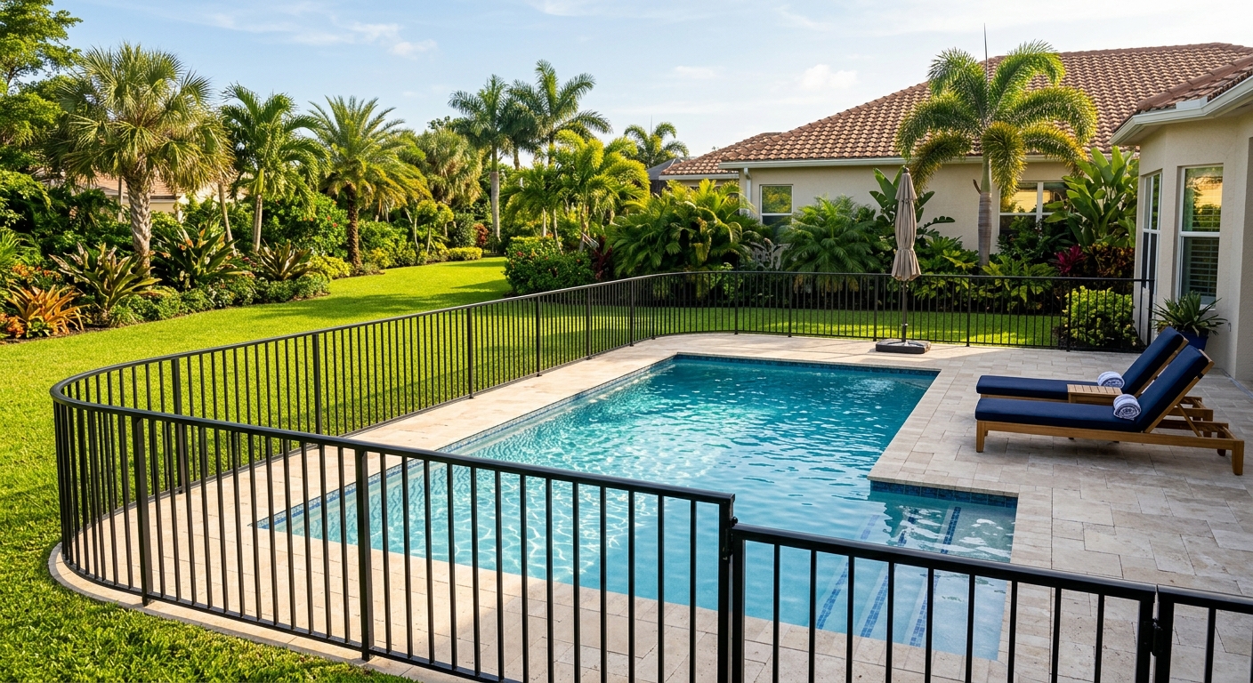 Black aluminum picket fence enclosing a backyard pool