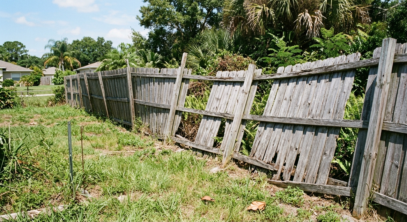 Weathered gray wooden fence leaning and missing boards before replacement