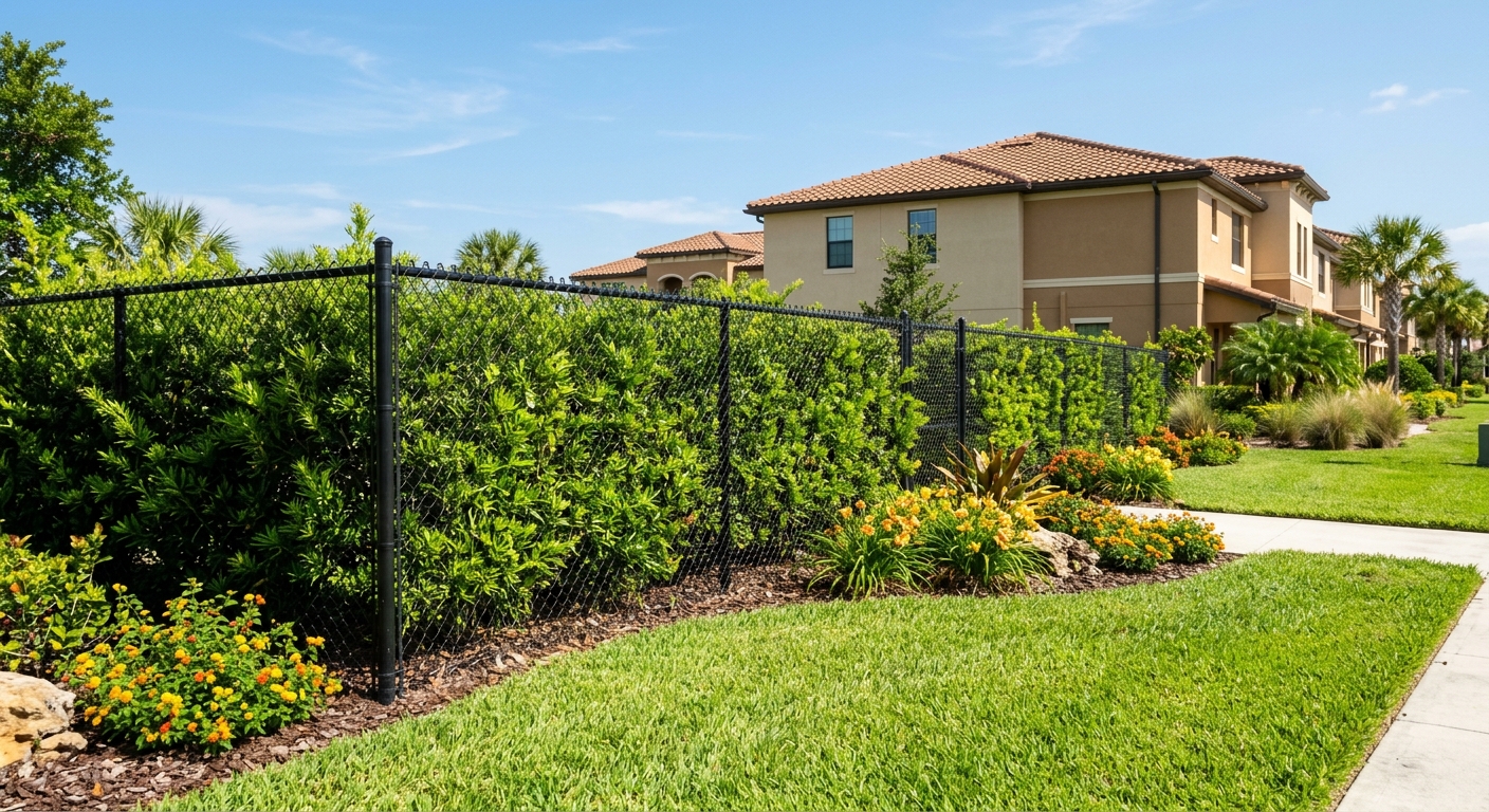 Black chain link fence softened by lush hedges on commercial grounds