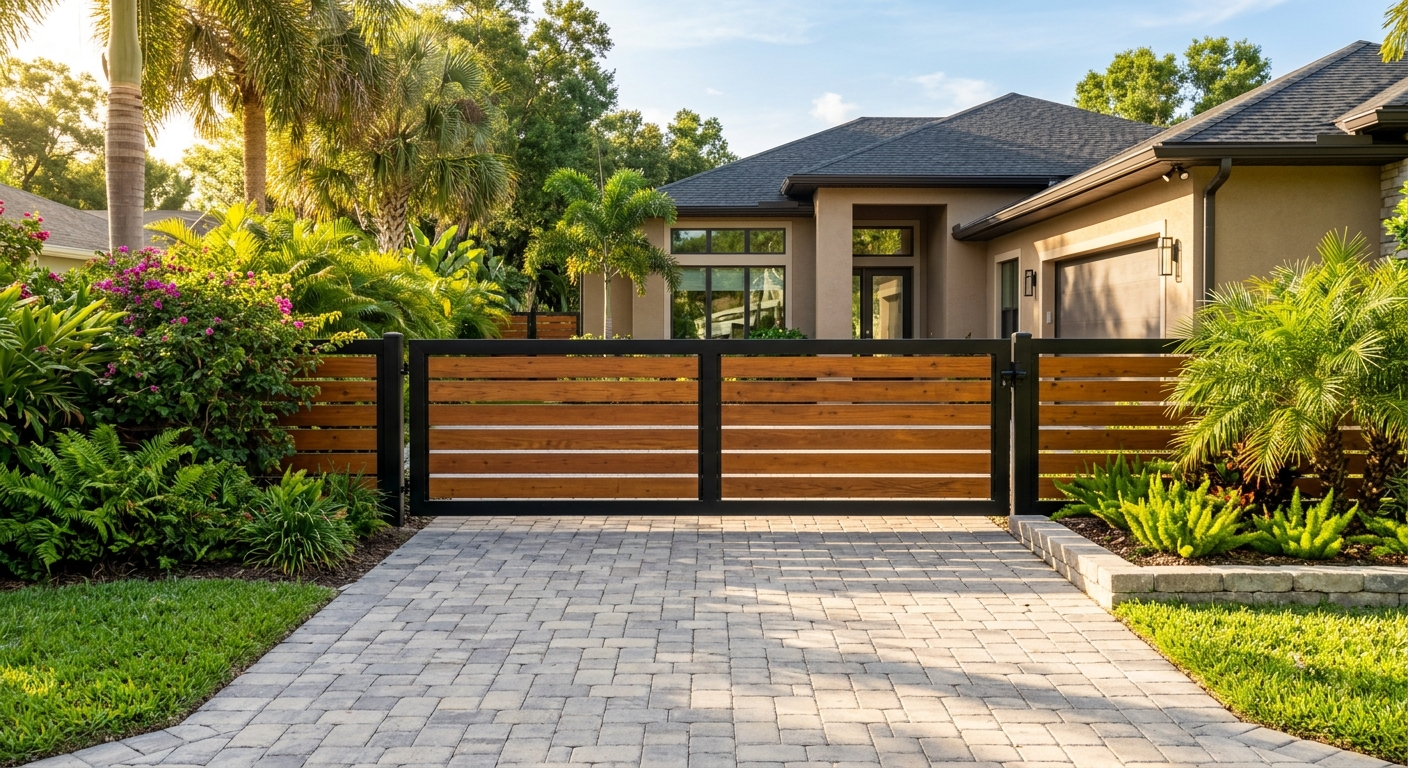 Custom wood and black steel driveway gate on a paver drive
