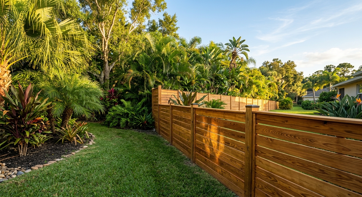 Warm evening light raking across a horizontal cedar slat fence in a lush Tampa backyard