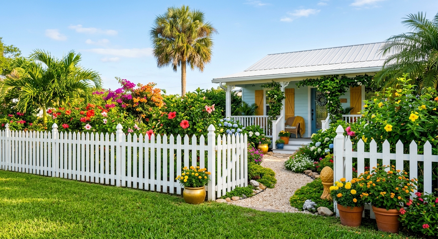 White picket fence bordering a bright cottage garden