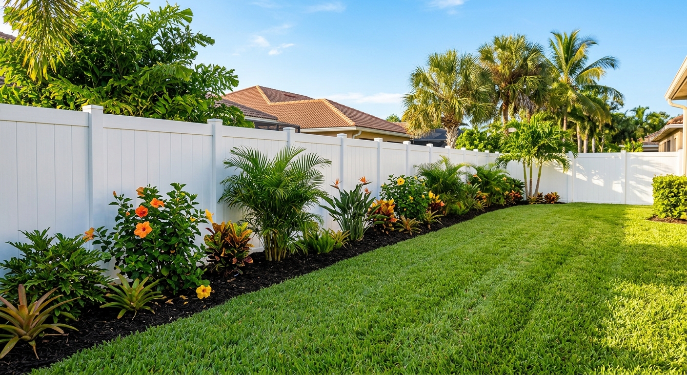 Tall white vinyl privacy fence along a bright Florida backyard