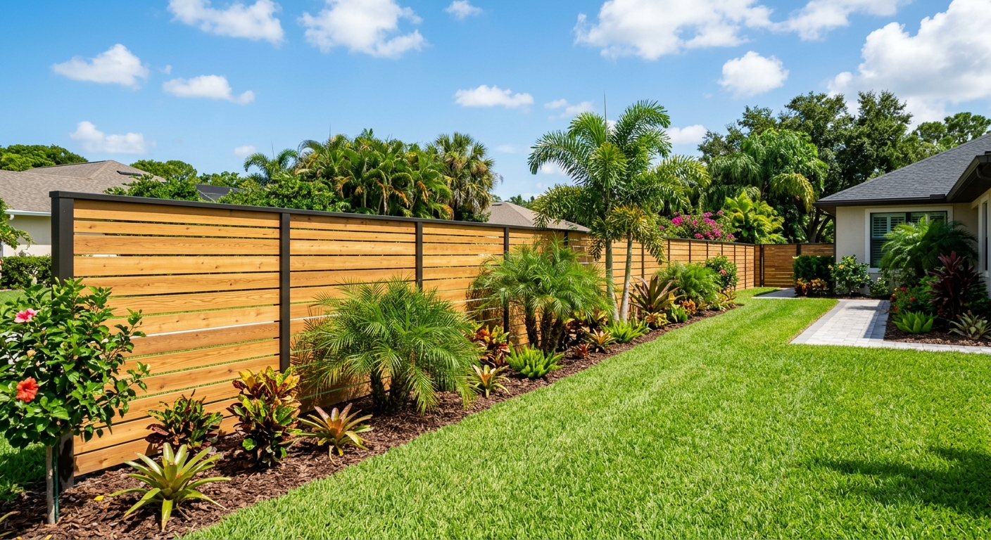 Modern horizontal wood slat privacy fence beside a lush lawn