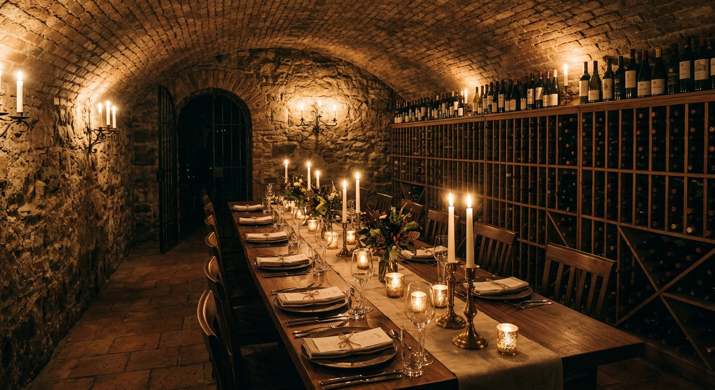 Candlelit private cellar dining room with a single long table, stone walls, and wine racks along one side
