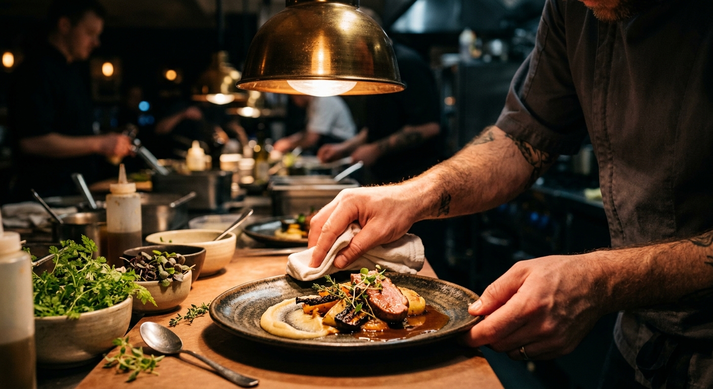 Chef's hands plating a dish at the kitchen pass under warm lamp light