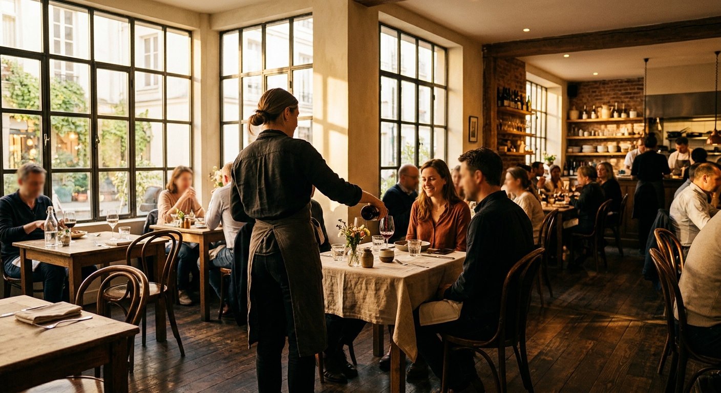 Golden hour light through tall corner windows across a set dining room, a server pouring wine at a linen-covered table